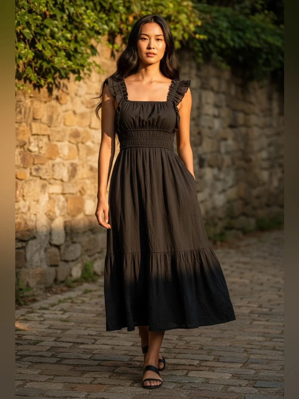 Abercrombie & Fitch Black Ruffled Strap Maxi Dress